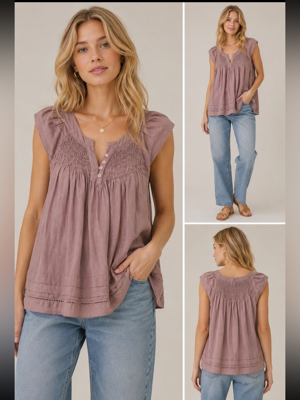 Marina Luna Women’s L Linen Blend Dusty Pink Sleeveless Blouse Smocked Luxury